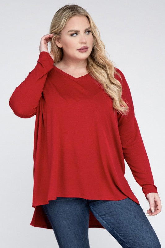 Plus  V-Neck Side Slit Hi-Low Hem Tunic Top