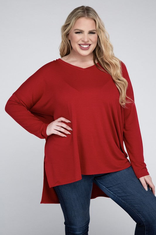 Plus  V-Neck Side Slit Hi-Low Hem Tunic Top