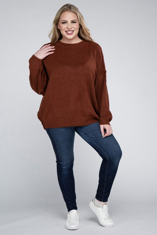 Plus Oversized Round Neck Raw Seam Sweater