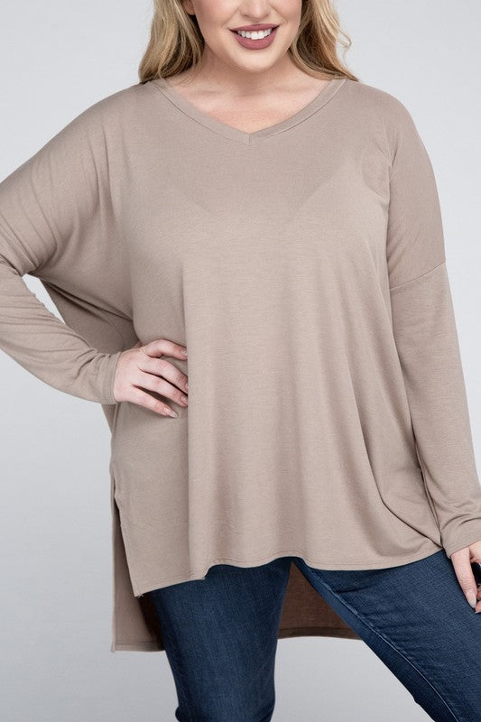 Plus  V-Neck Side Slit Hi-Low Hem Tunic Top