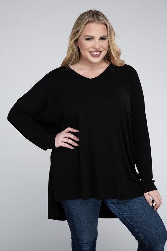 Plus  V-Neck Side Slit Hi-Low Hem Tunic Top