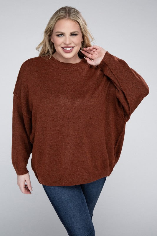 Plus Oversized Round Neck Raw Seam Sweater