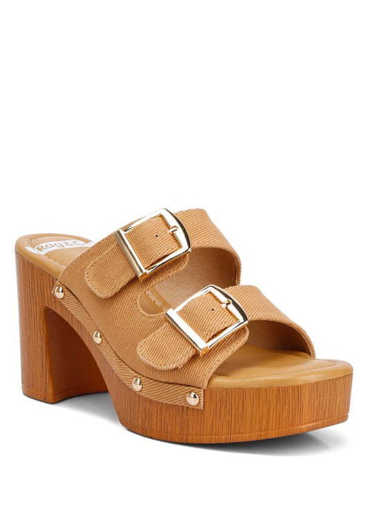 Buckle Strap High Block Heel Mules