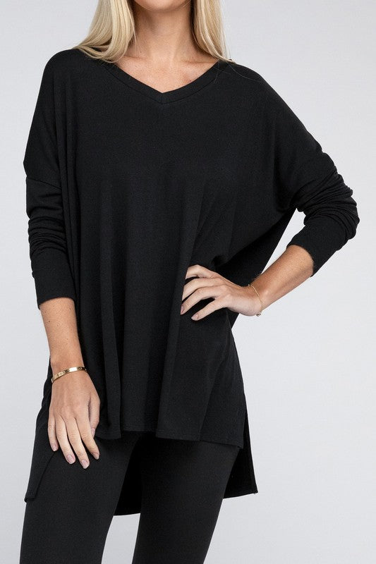 Dolman Long Sleeve  V-Neck  Top with Side Slit Hi-Low Hem