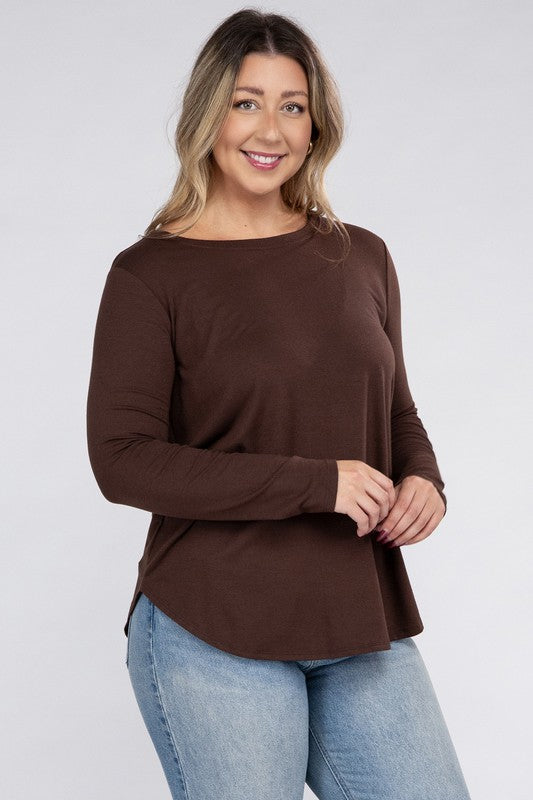 Plus Long Sleeve Round Neck Round Hem Tunic Top