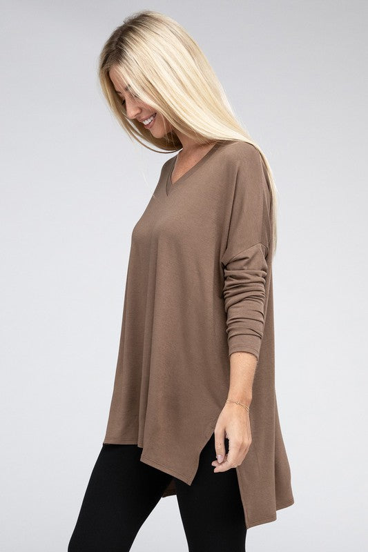 Dolman Long Sleeve  V-Neck  Top with Side Slit Hi-Low Hem