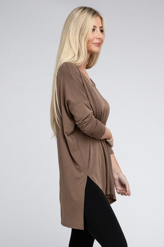 Dolman Long Sleeve  V-Neck  Top with Side Slit Hi-Low Hem