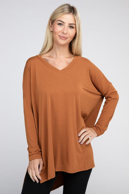 Dolman Long Sleeve  V-Neck  Top with Side Slit Hi-Low Hem