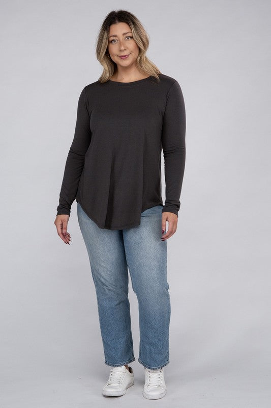 Plus Long Sleeve Round Neck Round Hem Tunic Top