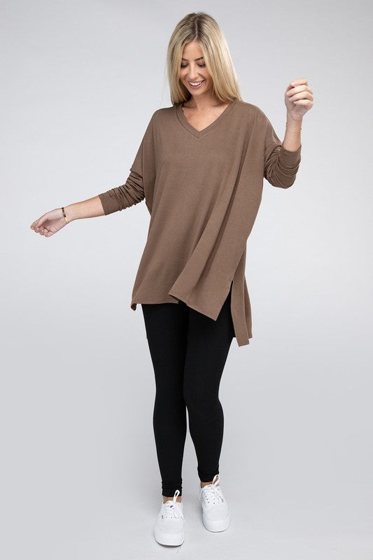 Dolman Long Sleeve  V-Neck  Top with Side Slit Hi-Low Hem