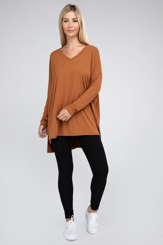 Dolman Long Sleeve  V-Neck  Top with Side Slit Hi-Low Hem