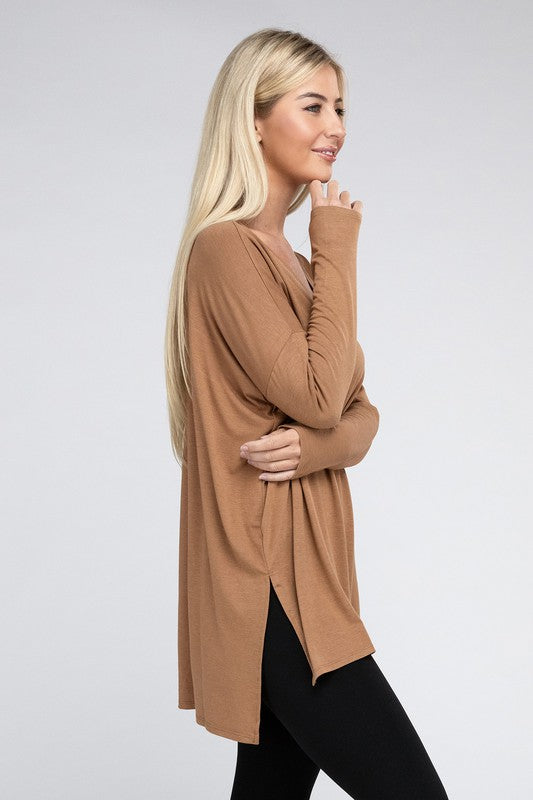 Dolman Long Sleeve  V-Neck  Top with Side Slit Hi-Low Hem