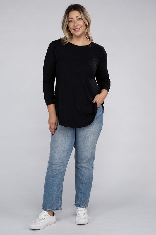 Plus Long Sleeve Round Neck Round Hem Tunic Top