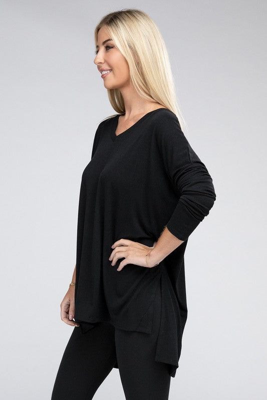 Dolman Long Sleeve  V-Neck  Top with Side Slit Hi-Low Hem