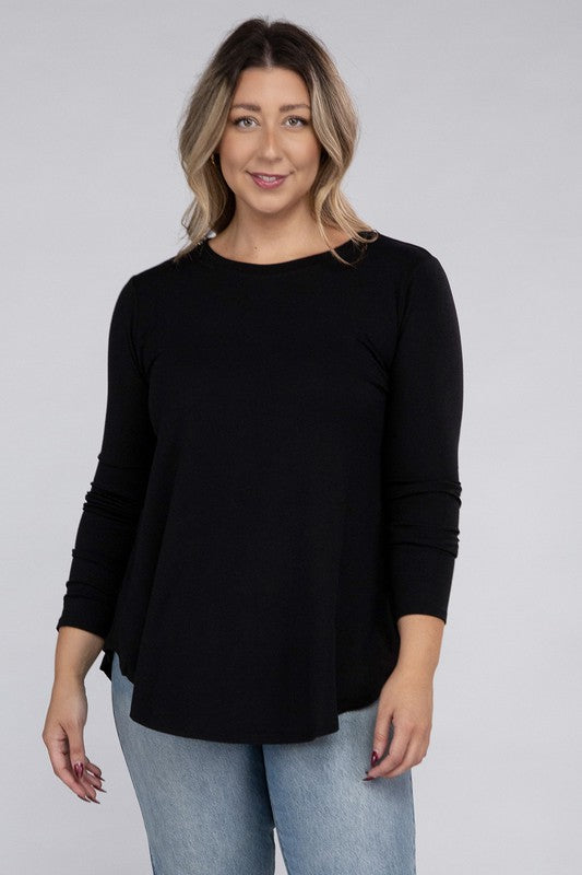 Plus Long Sleeve Round Neck Round Hem Tunic Top