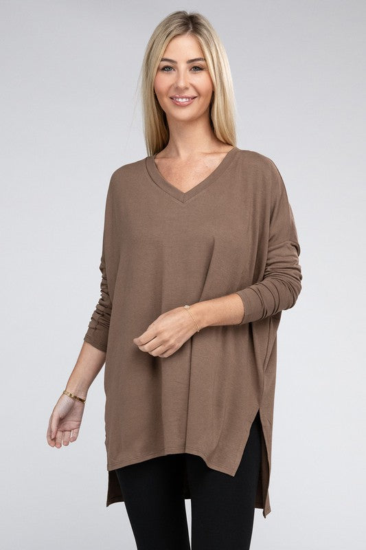 Dolman Long Sleeve  V-Neck  Top with Side Slit Hi-Low Hem