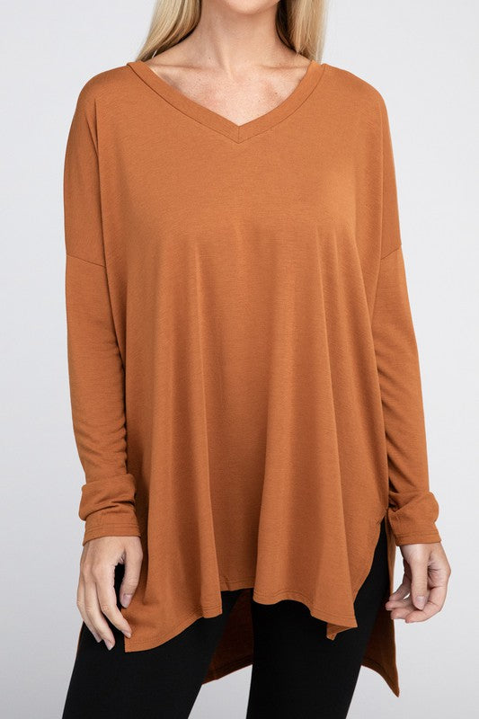 Dolman Long Sleeve  V-Neck  Top with Side Slit Hi-Low Hem