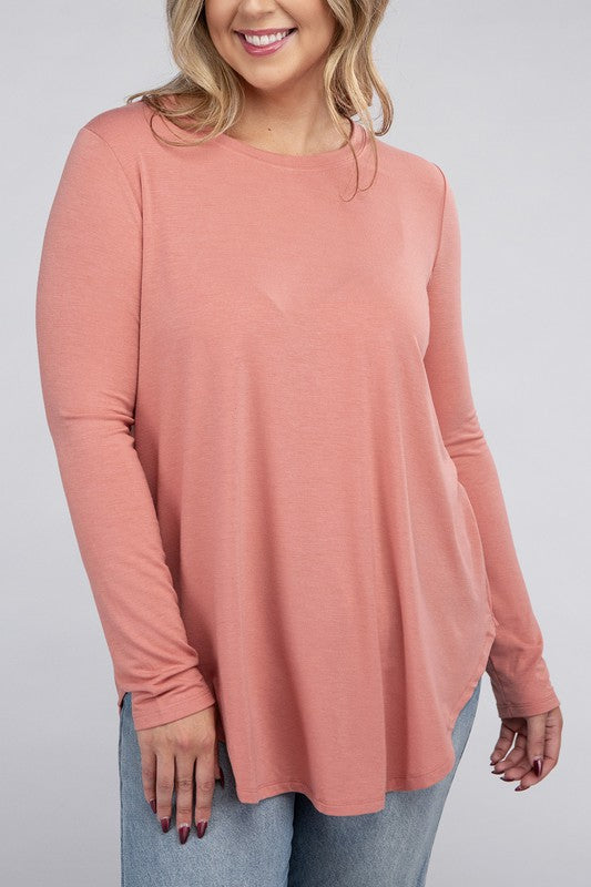 Plus Long Sleeve Round Neck Round Hem Tunic Top