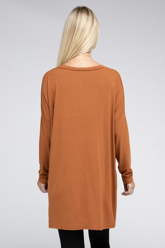 Dolman Long Sleeve  V-Neck  Top with Side Slit Hi-Low Hem