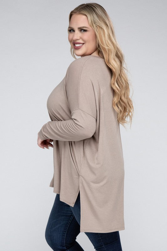 Plus  V-Neck Side Slit Hi-Low Hem Tunic Top