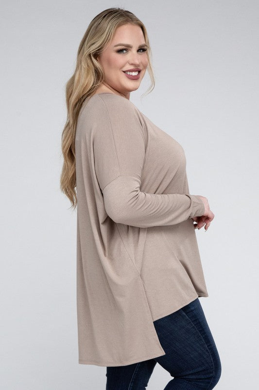 Plus  V-Neck Side Slit Hi-Low Hem Tunic Top