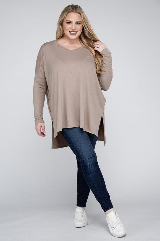 Plus  V-Neck Side Slit Hi-Low Hem Tunic Top