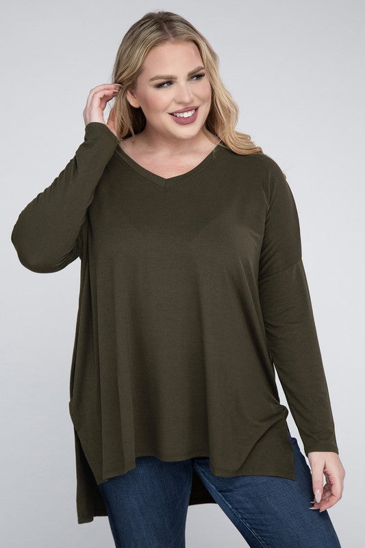 Plus  V-Neck Side Slit Hi-Low Hem Tunic Top