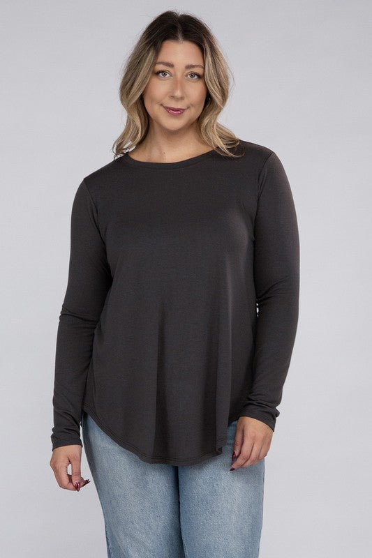 Plus Long Sleeve Round Neck Round Hem Tunic Top