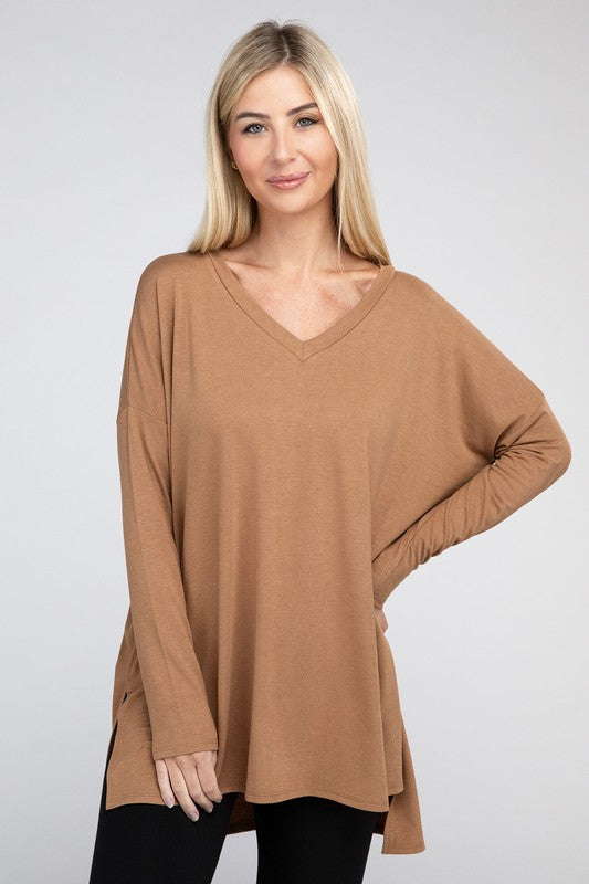 Dolman Long Sleeve  V-Neck  Top with Side Slit Hi-Low Hem