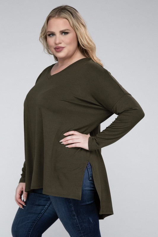 Plus  V-Neck Side Slit Hi-Low Hem Tunic Top