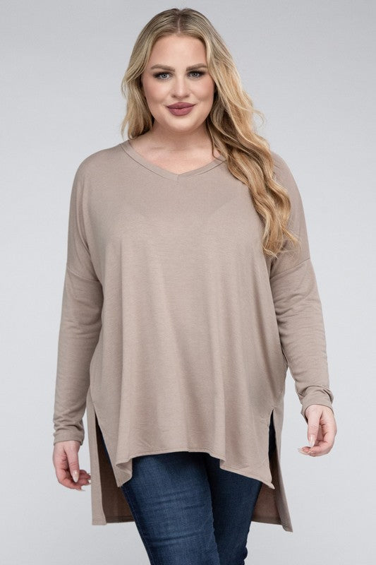 Plus  V-Neck Side Slit Hi-Low Hem Tunic Top