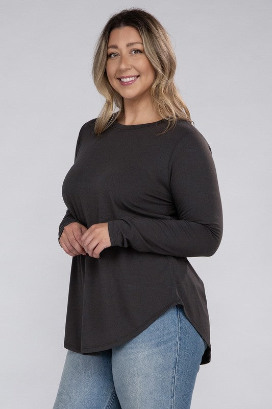 Plus Long Sleeve Round Neck Round Hem Tunic Top