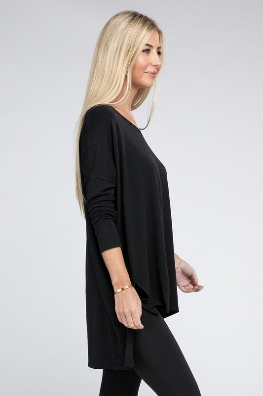 Dolman Long Sleeve  V-Neck  Top with Side Slit Hi-Low Hem