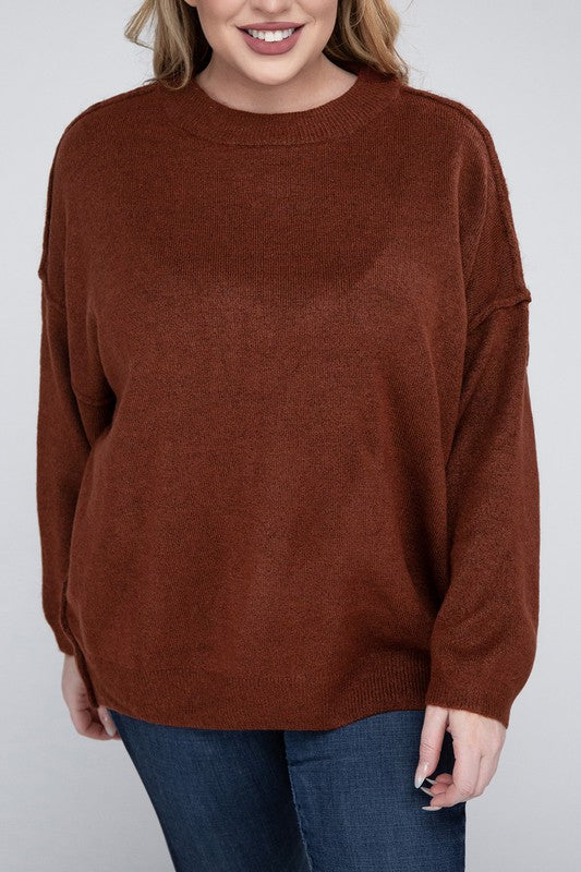 Plus Oversized Round Neck Raw Seam Sweater