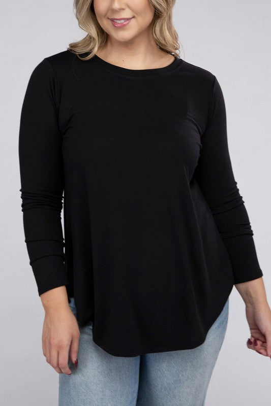 Plus Long Sleeve Round Neck Round Hem Tunic Top