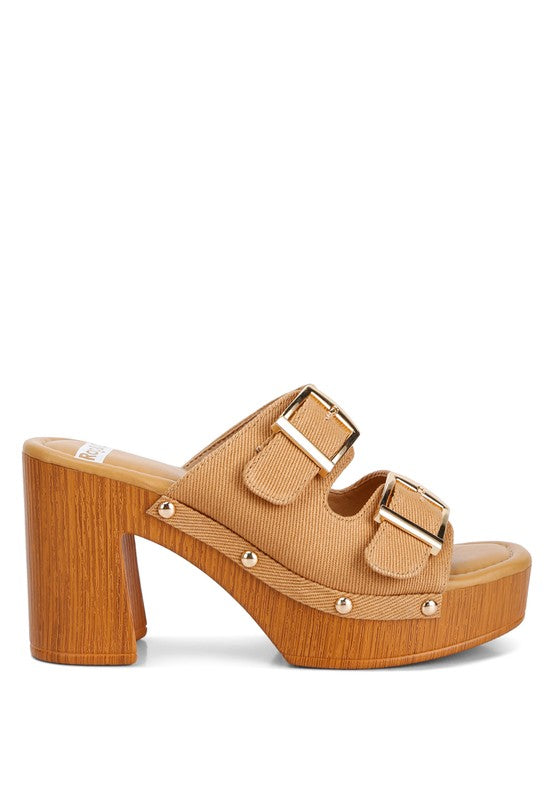 Buckle Strap High Block Heel Mules