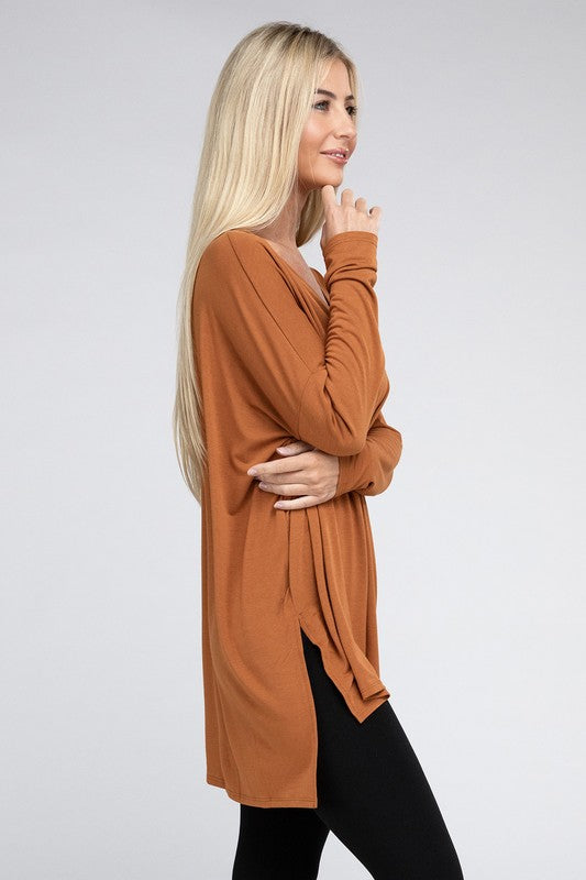 Dolman Long Sleeve  V-Neck  Top with Side Slit Hi-Low Hem