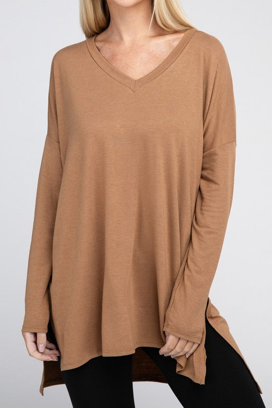 Dolman Long Sleeve  V-Neck  Top with Side Slit Hi-Low Hem